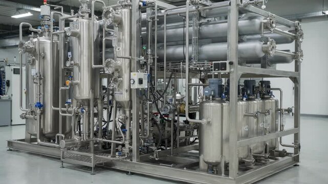 Medium shot of a compact solution polymerization skid featuring interconnected solventbased reactors and heat exchangers with solvent tanks highlighting efficient space