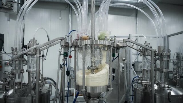 Medium angle footage of an abrasionresistant polyurethane elastomer mixing station focusing on automated mixers integrating isocyanate and polyol under strict climate control for
