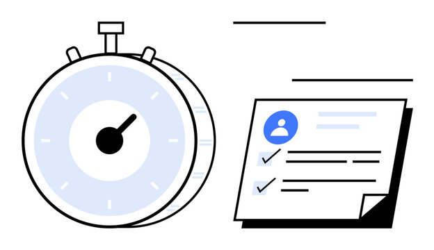 Stopwatch measuring time beside a document with a profile icon and checklist. Ideal for productivity, task tracking, planning, time management, deadlines, organization, and goal-setting. Clear