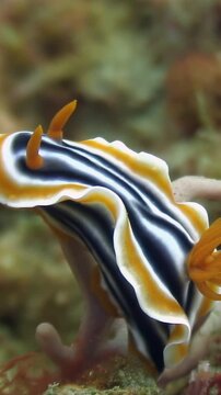 Observe vibrant Chromodoris Willani nudibranch gracefully navigating coral reef. Its black, white, and orange hues stand out against colorful backdrop. Serene, captivating glimpse into underwater life