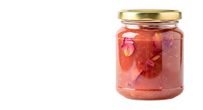 Glass jar with gold lid filled with rose petal jam isolate on white background transparent background