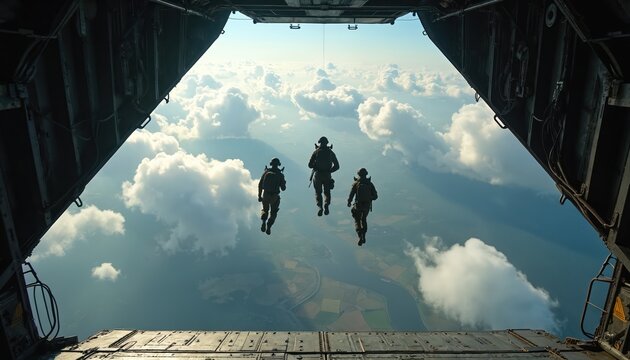 Three soldiers jump from airplane mid-air. Paratroopers descend towards land below. Airborne soldiers freefall over clouds during military operation.
