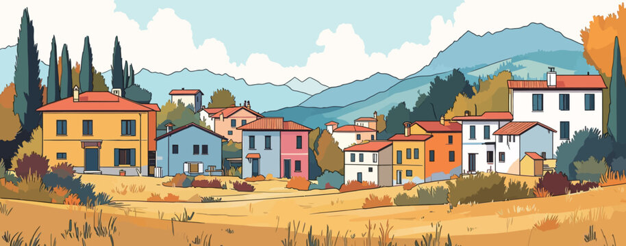 Colorful houses stand among fields and mountains in a rural area during daytime