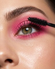 Naklejka premium Closeup Female Eye Applying Mascara with Pink Eyeshadow Look