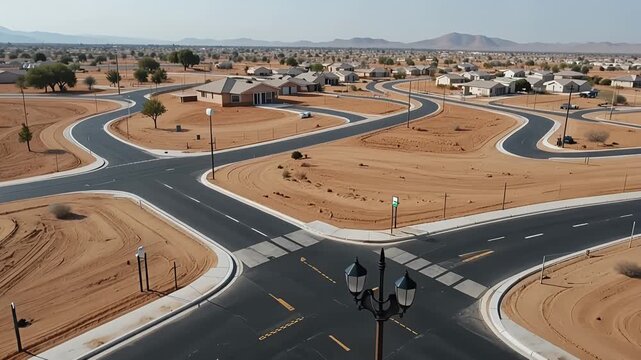 aerial view desert housing development with winding roads and roundabouts