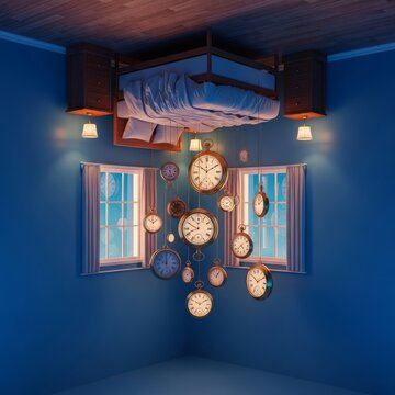 An inverted dreamlike bedroom floats with gravity-defying furniture, illuminated under a canopy of vintage hanging timepieces, antique, room, vintage