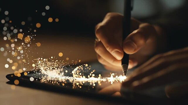 Hand using a digital stylus on a tablet with glowing particles and light effects. Creative digital art, graphic design, modern technology, drawing and illustration concept.