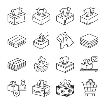 Tissue Box Icons: Open Closed Stacked Crumpled Hand Pulling Shopping Cart
