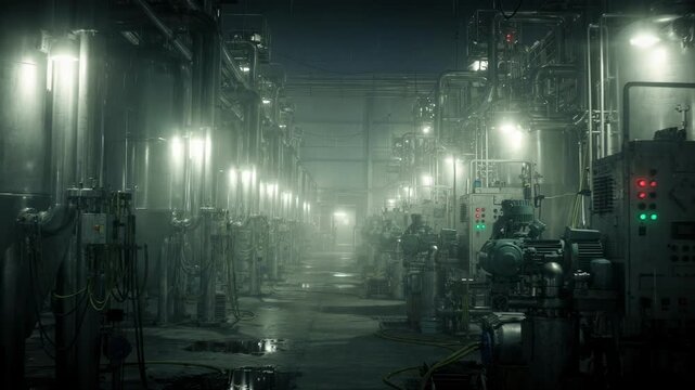 Medium shot capturing the same pesticide reactor hall at night with glowing lights and shadowed machinery emphasizing the facilitys continuous operation under low light conditions.