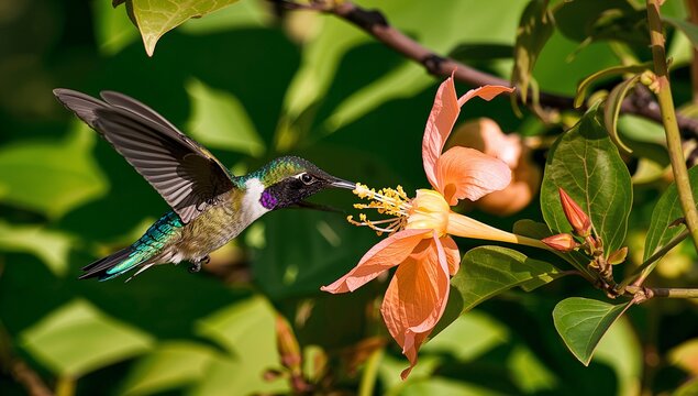 Hummingbird Feeding on Peach-colored Flower Surrounded by Green Leaves in Nature