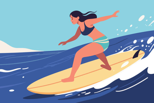 Illustration Of A Female Surfer Surfing In The Open Sea Vector Design Template