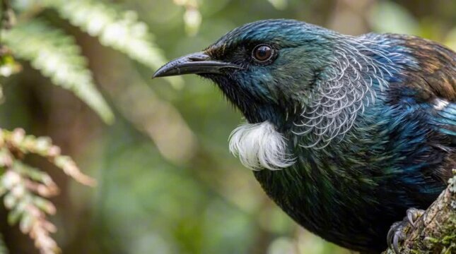 Close up portrait of a Tui bird with white throat feathers perched in green foliage, native wildlife, bird watching, forest nature.