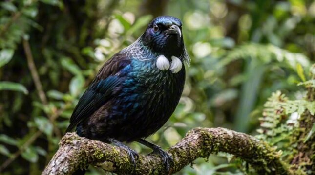 Native tui bird sitting on a mossy branch in the New Zealand forest, wildlife scene, natural environment, avian biology.