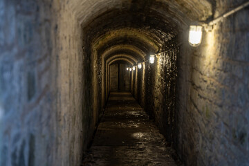 Fototapeta premium View of dark stone underground tunnel with lights.