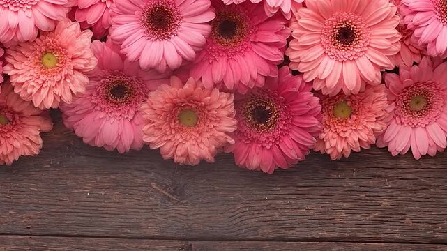 A border of vibrant pink and coral daisy-like flowers on rustic wood