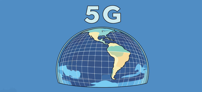 Global map with 5G label showing connection and communication across different regions of the world