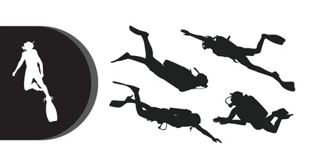 A group of scuba divers in various swimming positions on a white background © Graphicclick