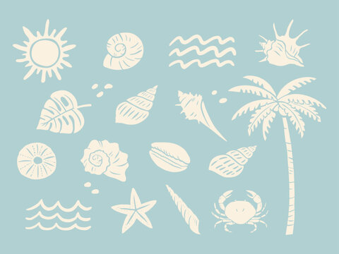 Summer beach silhouette illustration set. Hand drawn tropical seaside elements with palm tree, seashell, starfish, crab, sun and ocean waves. Coastal clipart collection for cards, prints and summer de