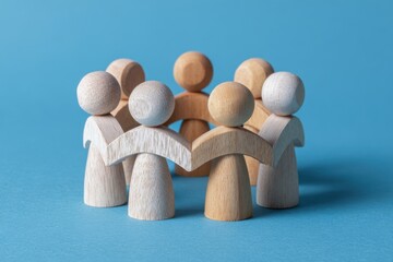 United in Solidarity: A close-up depiction of wooden figurines forming a circle, hands interlocked in a symbol of unity, community, and togetherness.