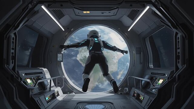 astronaut spacewalk outside earth viewed from spacecraft window