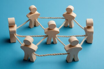 Obraz premium Interconnected Network: Wooden figures linked together, representing community, network, teamwork, and global connection. Reflecting the essence of unity and collaboration.