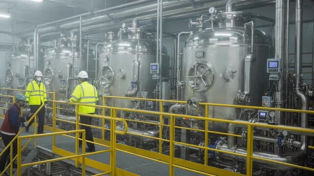 Medium shot capturing semibatch polymerization reactors surrounded by safety railings monitoring equipment and dynamic piping systems in a modern chemical plant interior.