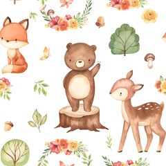 Naklejka premium watercolor seamless pattern deer, fox, bear illustration for kids