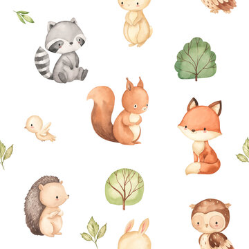 watercolor raccoon, rabbit, squirrel, fox, owl, hedgehog seamless pattern illustration for kids