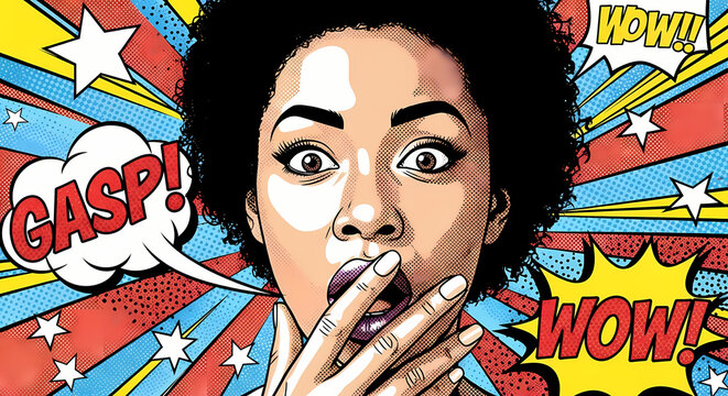 A portrait of an amazed young woman, her expression is wide-eyed with a hand covering her mouth. This captivating image has a comic book style with expressive word bubbles