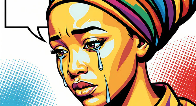 A portrait of a woman with tears in her eyes and a speech bubble