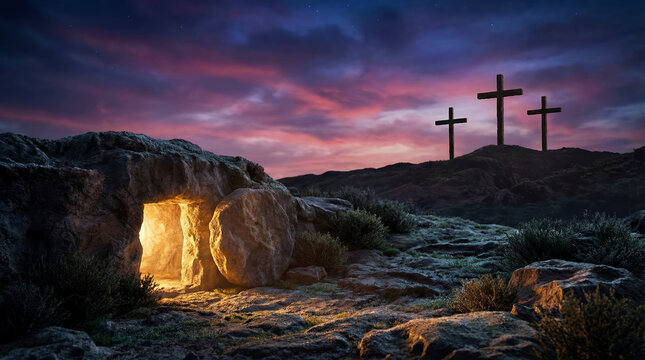 Easter morning. A stone tomb is open and glowing with light. Three crosses are visible on a hill in the background as the sky changes colors at twilight.
