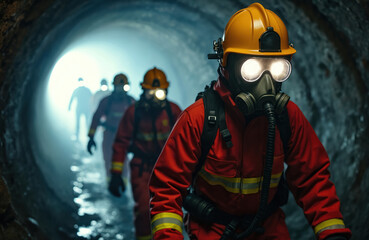 Obraz premium Rescuers in protective gear, gas masks enter dark tunnel with flashlights illuminating way. Team advances cautiously, ready for search, rescue operations in hazardous conditions, teamwork evident.