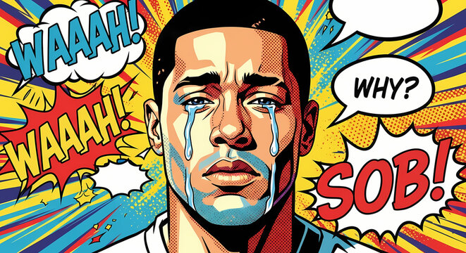 A comic illustration of a man with tears, expressing the emotion of sadness or despair