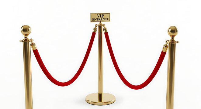 Luxury red velvet ropes with golden stanchions and VIP entrance sign isolated on white. 