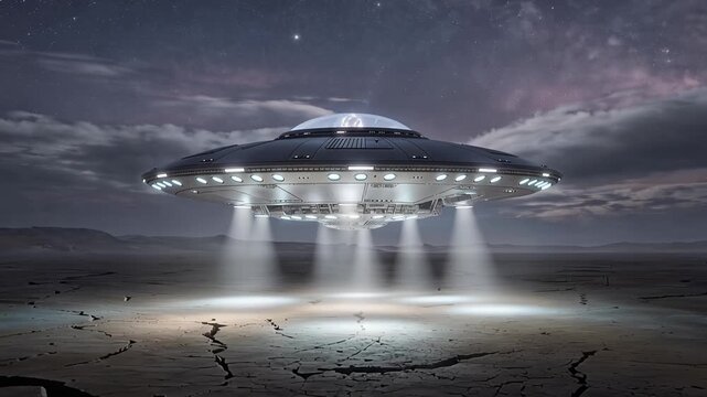 ufo hovering over cracked desert ground at night with beam lights