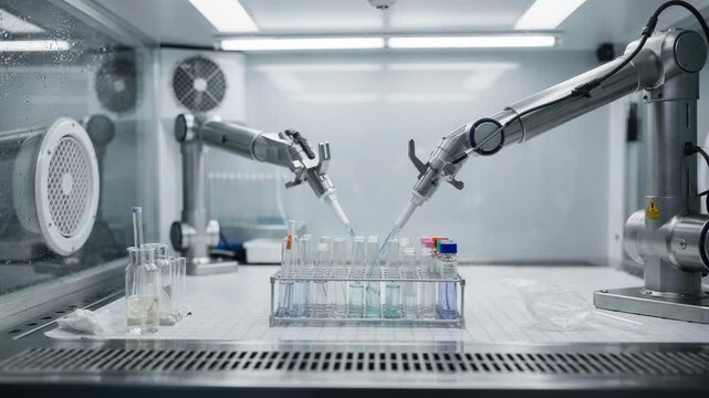 Medium shot inside an enclosed cell where robotic arms meticulously prepare microbatch diagnostic reagents emphasizing contamination control and precise automated handling.