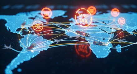 Futuristic global map with connected shipping routes, cargo transport and glowing tariff tax symbols, illustrating international trade policy, global economy network, and logistics connectivity