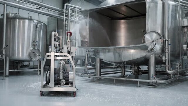 Automated skid system performing cleaninplace procedures on industrial process equipment ensuring thorough sanitation with precisioncontrolled sprayballs.