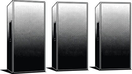 Stylized retro illustration of three upright refrigerator cabinets with halftone shading, comic book design aesthetic, symmetrical arrangement, vintage household appliance con © MdGolam