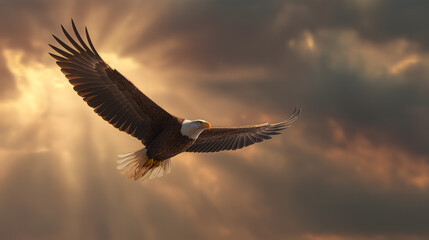 Fototapeta premium Majestic Bald Eagle Flying Through Sunlit Clouds in Dramatic Sky