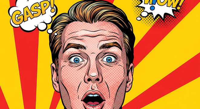 A comic-style illustration of a man with an astonished expression. The man has wide eyes and an open mouth. Two speech bubbles pop out of his head
