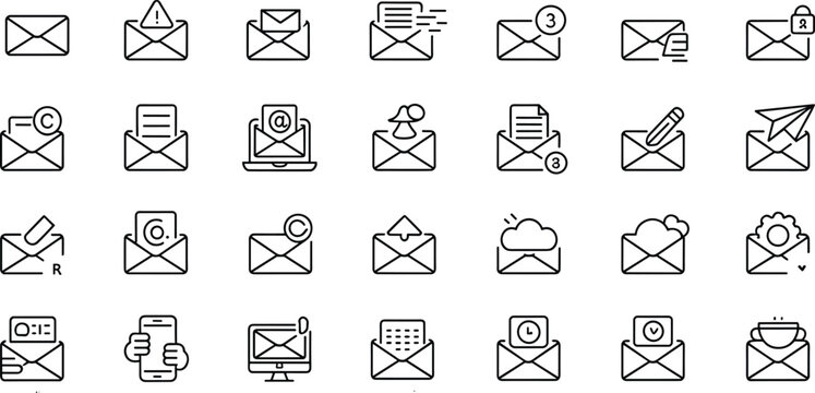 Set of minimalist email and envelope line art icons for digital communication messaging and newsletter marketing interface design vector.