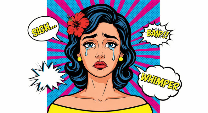 A woman expresses sadness through tears, showcasing pop art style with word bubbles and a retro aesthetic.