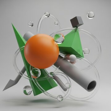 A 3d rendering of a green and orange object with glass balls
