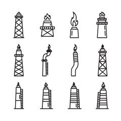Fototapeta premium Industrial Flare Stack Icons Collection Oil Gas Energy Production Vector Graphics