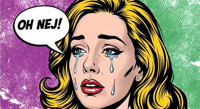 Pop art style illustration of a crying woman with the speech bubble Oh Nej!