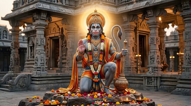 Hanuman statue with offerings in ancient temple setting