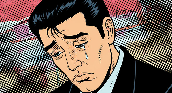 A pop art style illustration of a man with tear falling from his eye. He appears to be sad or in emotional distress, with a melancholic expression