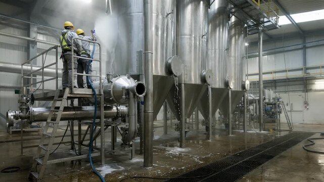 Detailed medium shot capturing the cleaning process of a fungicide spraydrying system with visible workers and equipment ensuring thorough maintenance of the tower and cyclones.