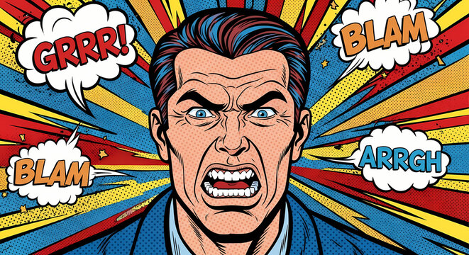 An angry man with expressive speech bubbles showing his intense emotions 
